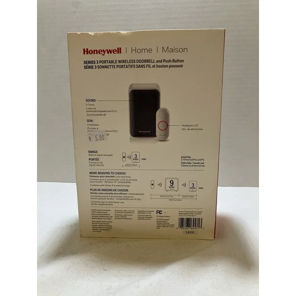 Wireless Doorbell Honeywell Home Battery Powered and Push Button TESTED